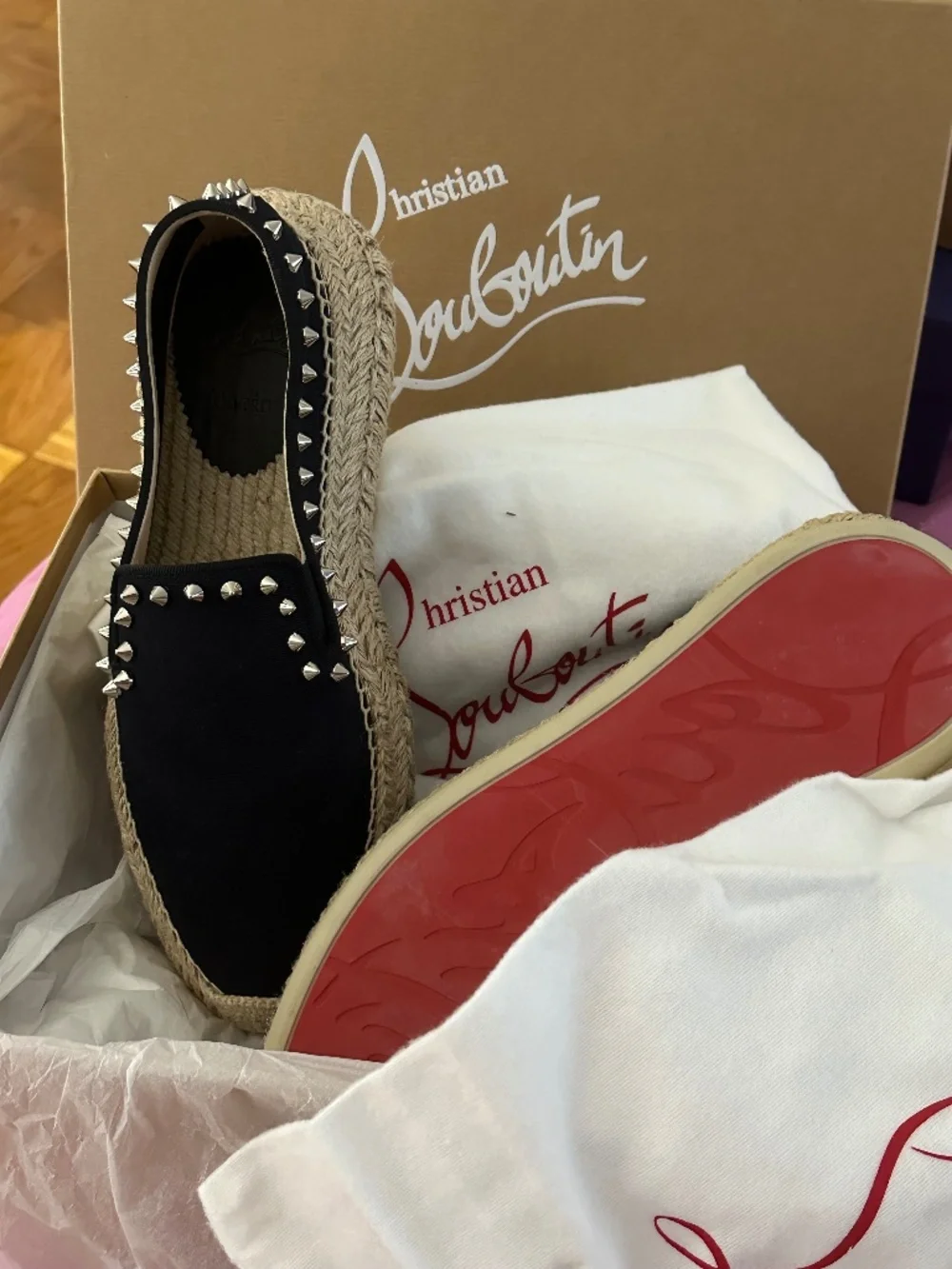 Christian Louboutin Espaboat Flat Toile Obscur Dark Navy Blue Silver Spike 39
